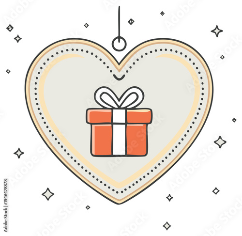 Heart-shaped Gift Ornament with Orange Present and Sparkles for Valentines and Birthdays