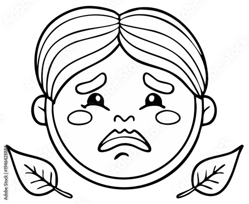 Cartoon character with sad expression and leaves, black and white illustration
