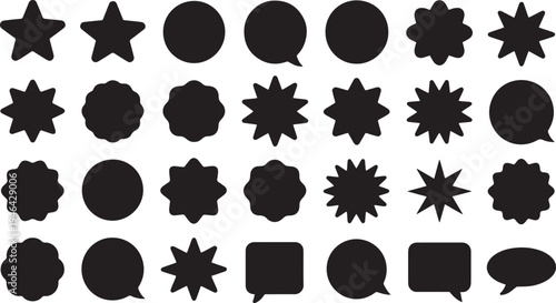 Collection of diverse black abstract shapes and speech bubbles on a clean white background for graphic design elements