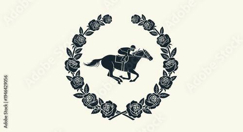 Horse rider in floral wreath logo.