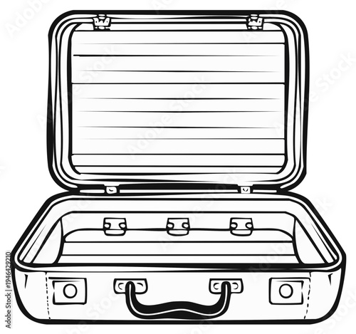 Open Empty Vintage Suitcase Black and White Line Art Illustration for Travel