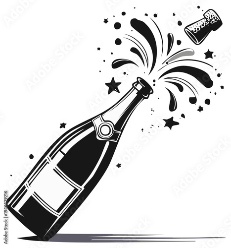 Celebration drawing: Bottle of sparkling wine opens with a popping cork