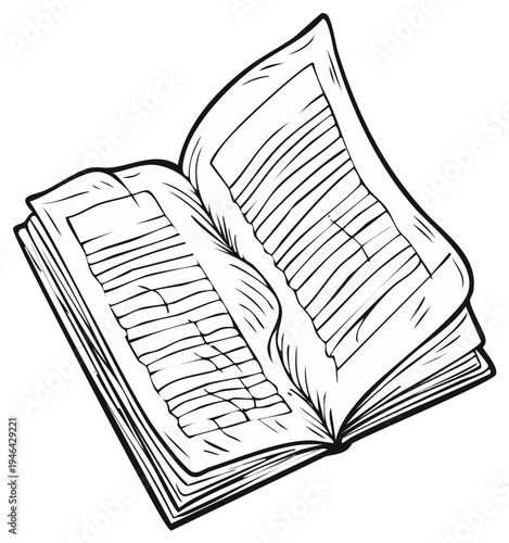 Hand drawn open book with turning pages. Black and white line art sketch illustration.