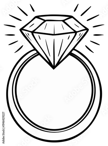 Black and white hand drawn illustration of diamond engagement ring with radiant light lines