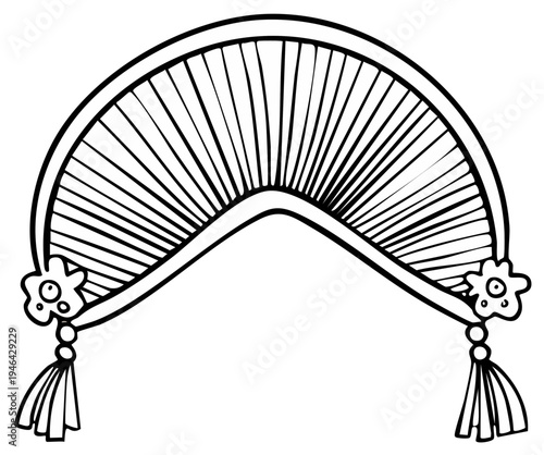 Cartoon Headdress Drawing with Blossoms and Tassels in Black and White for Coloring Page