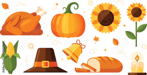 Thanksgiving autumn harvest elements set with pumpkin roasted turkey sunflower corn bread candle and pilgrim hat flat vector illustration