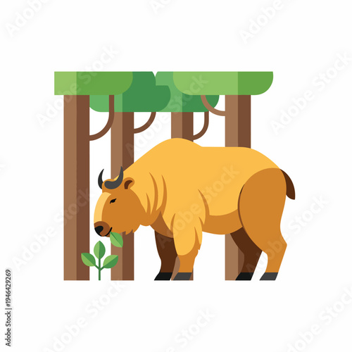 Cartoon Takin Grazing in Forest