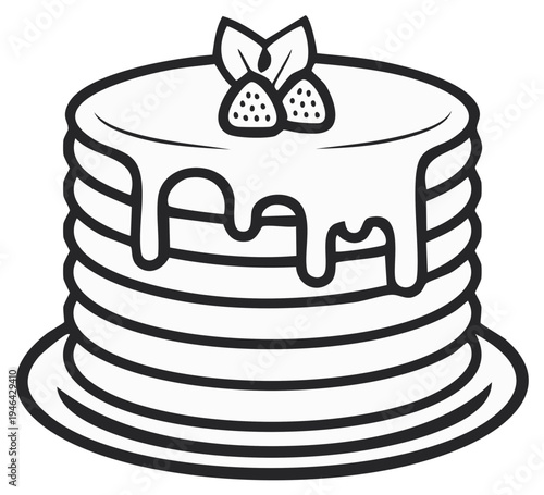Simple line art illustration of a stack of pancakes with syrup and strawberry topping