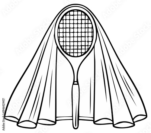 Tennis racket draped in fabric creates abstract design in black and white with strong lines, and eye-catching composition.