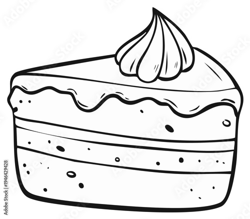 A simple black and white slice of cake drawing with icing and layers for coloring pages and coloring books.