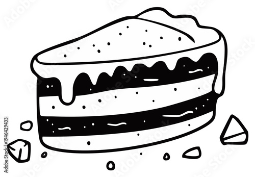 Black and white cake slice illustration with frosting and crumbs
