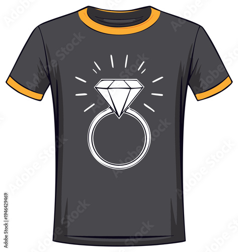 Charcoal Gray Ringer T-shirt with a Stylized Diamond Engagement Ring Graphic Illustration