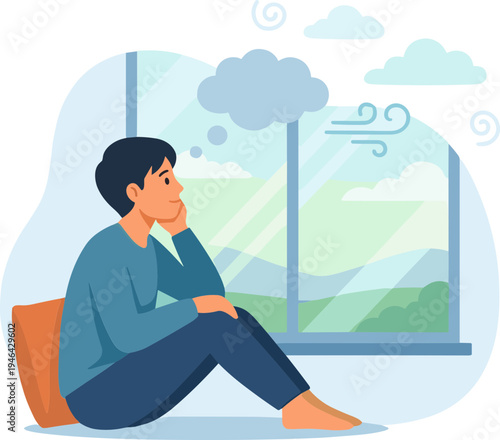 A person sits on floor looking out window at stormy weather feeling sad