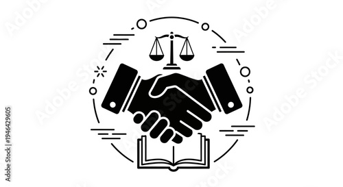 Handshake over book with scales.