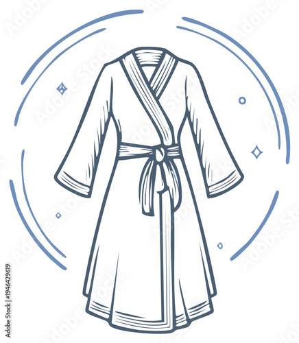 Illustration of a belted robe with a tied sash, surrounded by a decorative sketched circle
