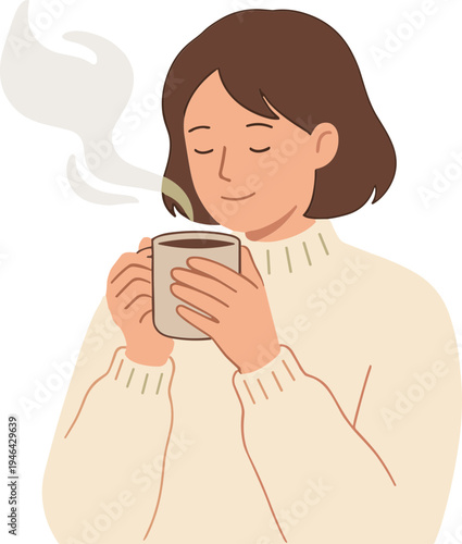 Woman enjoys warm coffee on a cozy morning indoors feeling relaxed