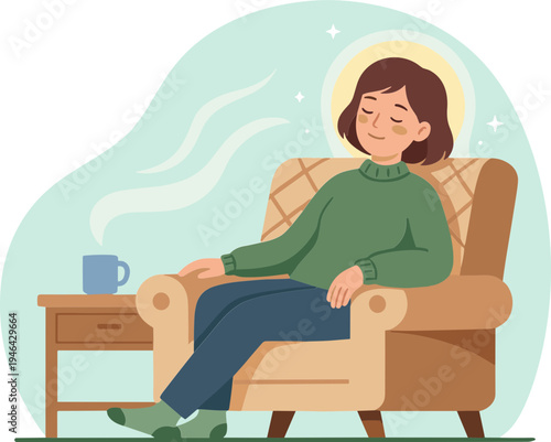 Woman sitting comfortably on a couch with a cup of coffee indoors