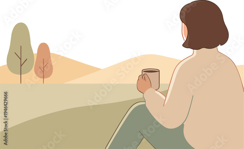 Woman sits on hill sipping coffee, viewing trees and hills.