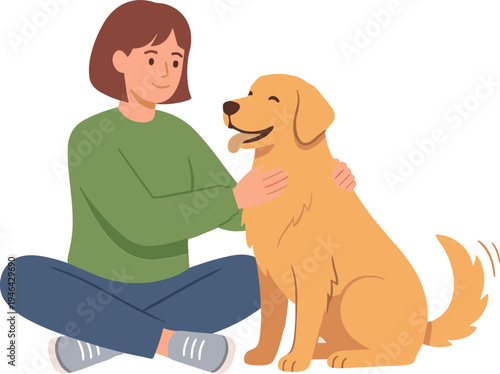 Woman sitting on floor petting happy golden retriever dog indoors