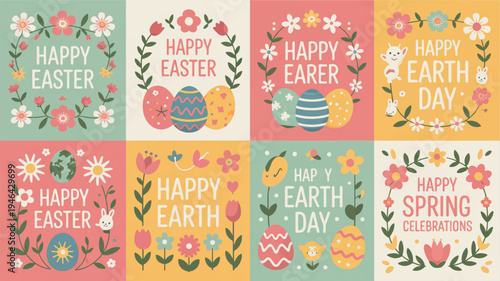 Colorful easter and earth day greeting cards with floral patterns and pastel colors