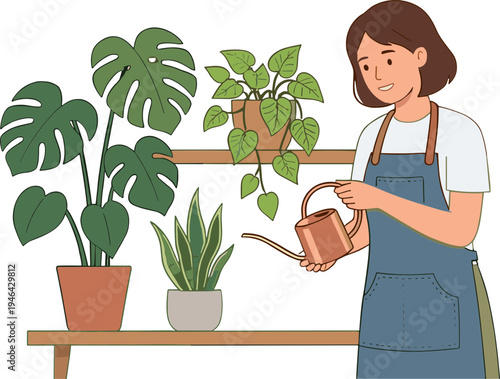 Woman watering plants on a shelf in a room with a happy expression