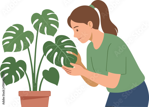 A woman examines a large leaf of a potted Monstera plant indoors.