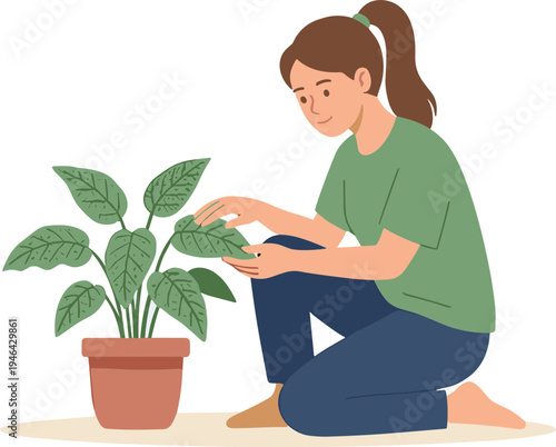 Woman examines plant closely while sitting beside potted plant indoors