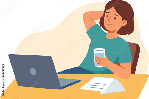 A woman sits at a desk with a laptop, papers, and a drink, looking stressed.