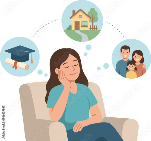 Woman sitting on a couch thinking about education, family, and home