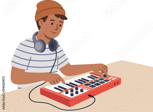 A man wearing headphones plays a musical keyboard on a table.