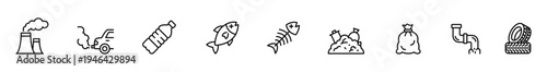 Pollution icon smoke icon plastic bottle icon dead fish trash heap garbage bag leaking pipe oil barrel outline symbol environmental damage icon line illustration of pollution icon smoke icon