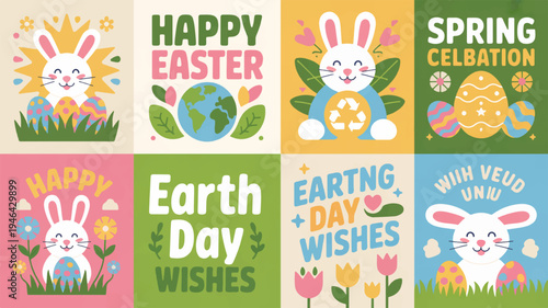 Colorful easter and earth day celebration graphics with rabbits and florals