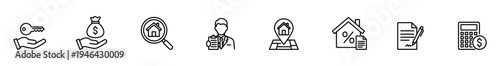 Real estate icon set loan mortgage icon line property investment symbol house search concept contract document outline money bag finance location pin home interest rate sign calculator payment