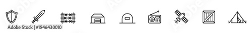 Minimal line shield sword icon fence symbol house outline tomb icon radio icon satellite dish crate symbol tent icon fantasy game black line set outline icon row simple stroke style medieval