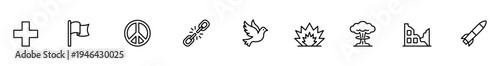 Medical flag peace pin bird explosion atomic factory rocket line icon row, minimal outline symbol set for web interface, protest poster, social media banner, conflict concept design