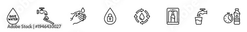 Water conservation symbol icon faucet line icon hand washing icon water droplet icon secure water icon recycle water icon water bottle icon timer icon outline icon minimal icon water conservation