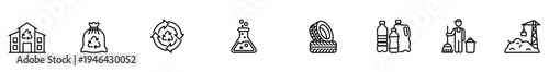 Recycling waste icon outline sustainability industry pollution cleanup thin line symbols for farm garbage bag recycle sign laboratory tire plastic bottle janitor oil field