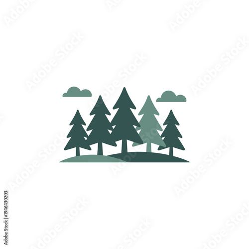Muted green forest scene with pine trees and clouds