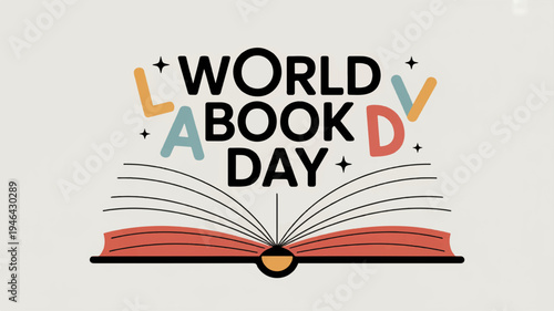 World book day celebration with colorful text and open book on gray background