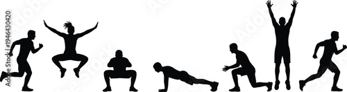 “Dynamic fitness exercise silhouettes set featuring running, jumping, squatting, push‑ups, lunges, and celebratory poses, perfect for workout, gym, wellness, and sports design projects”
