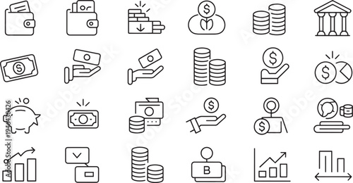 Collection of flat design financial and business icons isolated on transparent background