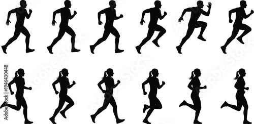 “Running silhouette collection featuring twelve male and female stride cycle poses, ideal for fitness, athletics, sports training, biomechanics, animation, and health design projects”