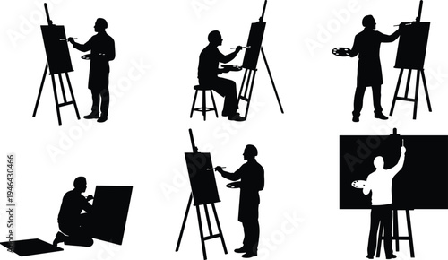 Artist silhouettes painting and drawing at easels, seated, standing, and kneeling, representing creativity, art practice, design process, and artistic lifestyle concepts