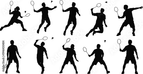 "Collection of ten badminton silhouettes showing athletes lunging, jumping, and swinging rackets with shuttlecocks, representing sports, fitness, competition, agility, and dynamic motion"