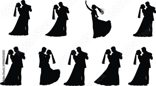 Bride and groom silhouettes in elegant wedding dance poses, showcasing romantic celebration, emotional connection, and traditional marriage attire for love, ceremony, and lifestyle concepts