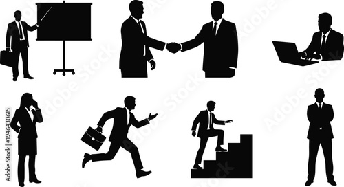 Business professional silhouettes collection featuring teamwork, presentations, handshake agreements, office work, career progression, and communication
