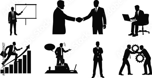 Business people silhouette collection featuring handshake, presentation, teamwork, office work, leadership, communication and corporate success concepts isolated black vector illustration icon set