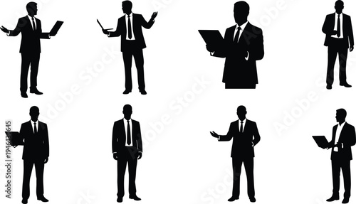 Businessman silhouette collection featuring corporate professionals presenting, holding laptop, speaking and standing in office poses isolated black vector business people illustration set