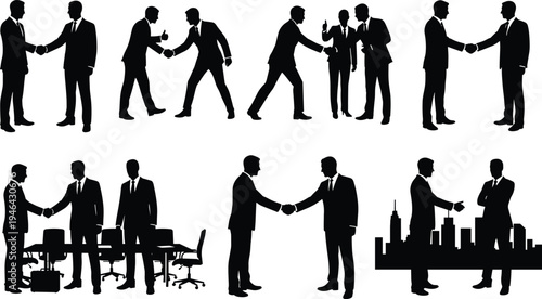Businesspeople silhouettes in professional interactions including handshake, discussion, and agreement gestures, representing corporate communication, teamwork, negotiation