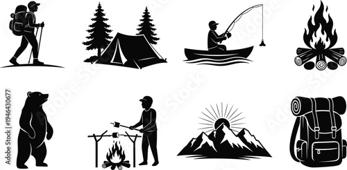 Camping and outdoor adventure silhouette collection featuring hiker backpack, tent campsite, fishing on lake, campfire cooking, mountain landscape and wildlife icons isolated vector set